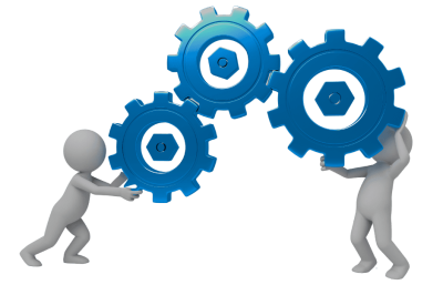 אוטומציות לעסקים קטנים ובינוניים - שתי דמויות תלת-ממדיות מחזיקות גלגלי שיניים כחולים, מסמלים שיתוף פעולה ותהליכי אוטומציה.