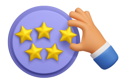 ביקורות חיוביות בפייסבוק - יד מחזיקה דיסק עם חמישה כוכבים זהובים, מסמלת מתן דירוג או שביעות רצון גבוהה.