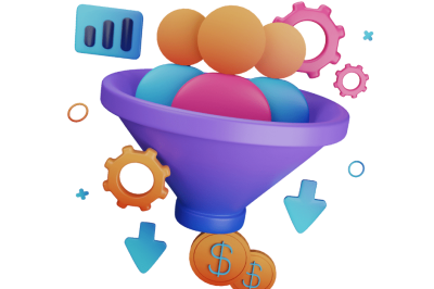 משפך שיווקי תלת-ממדי בצבע סגול, מכניס כדורים למעלה ומוציא מטבעות.