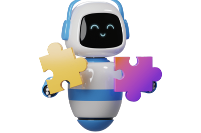 פתרונות AI לעסקים - רובוט ידידותי בלבן וכחול מחזיק שני חלקי פאזל צבעוניים עם חיוך