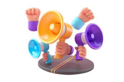 קמפיינים מטפטפים בשיווק - ארבע ידיים מחזיקות מגפונים צבעוניים - ייצוג של שיווק מולטי-ערוץ