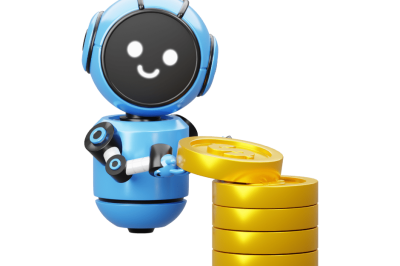 שילוב AI בעסקים - רובוט כחול קטן מחייך, מחזיק מטבעות זהב שמסמלות תהליכים כלכליים חכמים.