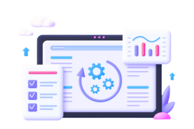 שיפור מועדוני לקוחות באמצעות AI ואוטומציה - מחשב נייד עם מערכת נתונים בזמן אמת המציגה תרשימי קווים, תרשימי עוגה, גרפים וצ'קמארקים סגולים עם אוטומציה מקיפה במרכז