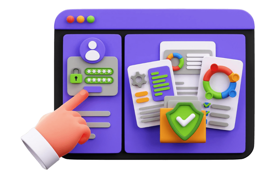 מערכת CRM חכמה לניהול עסקים קטנים - ממשק מערכת CRM מתקדמת עם אצבע שמסמנת על המסך בו שדות התחברות (שם משתמש וסיסמה), גרפים, מסמכים, תרשימי עוגה צבעוניים,סמל אוטומציה ומגן אבטחה ירוק מעל תיקיית מסמכים.