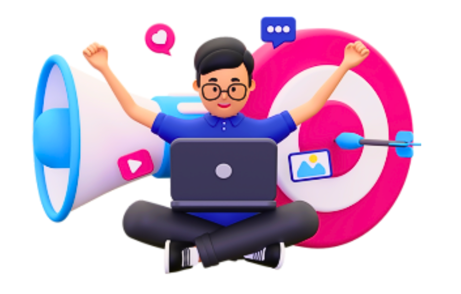 מערכת ניהול לעסקים קטנים - דמות איש עסקים מאושר מרים ידיים לאחר הצלחה כשהוא מתבונן במחשב נייד שמונח על רגליו. ברקע עיגול מטרה בצבעים ורוד ולבן, כשבמרכזו נעוץ חץ שקלע בול מסביב סמל צ'אט כחול, אייקוני מדיה חברתית ורמקול גדול.