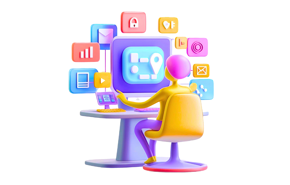 סוכנות דיגיטלית לעסקים - עובדת בסוכנות דיגיטלית בחולצה צהובה יושבת על כיסא צהוב מול עמדת מחשב בצבע סגול, מסביבה אייקונים הקשורים לעבודתה: גרפים, מייל, מיקום, תמונה, טלפון, טפסי יצרת קשר, מנעול שמעיד על אבטחה ועוד