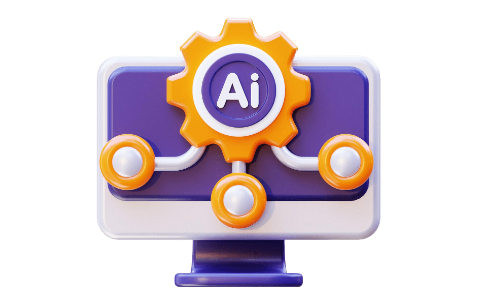 AI ואוטומציה במערכת עסקית -מסך מחשב סגול עם גלגל שיניים כתום גדול במרכז הכולל את האותיות AI בעיגול סגול. גלגל השיניים מוקף בשלושה עיגולי חיבור כתומים מכל צד ולמטה מעל התצוגה של המחשב סגול